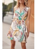 Elegant summer dress with a belt, cream and yellow PR3199 - Online store - Boutique